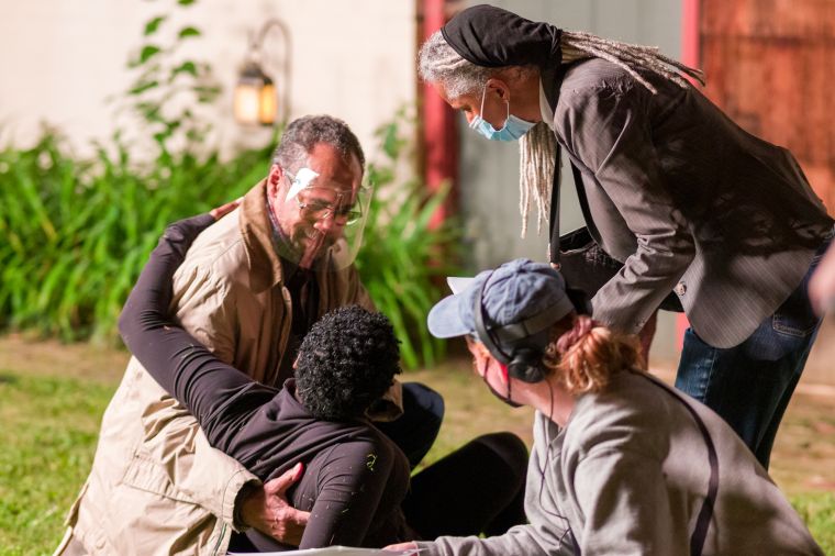 Vicky Jeudy, Tim Reid, and Director, Victoria Rowell on the set of Stranger Next Door