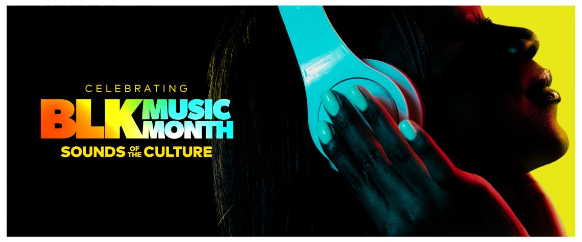 Celebrating BLK Music Month. Silhouette of a person wearing headphones against a colorful background with text "Sounds of the Culture".