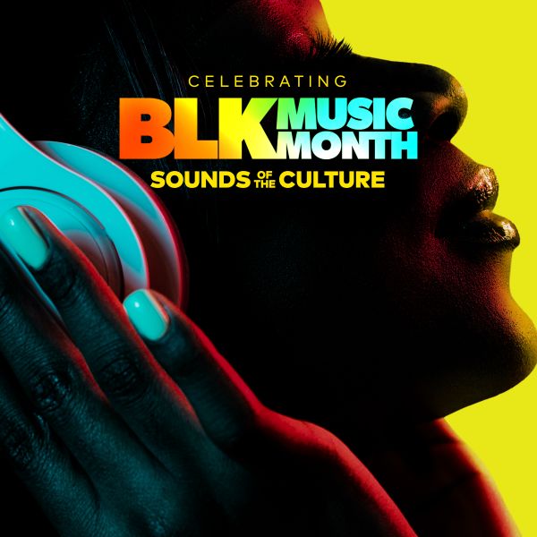 Celebrating Black Music Month - Sounds of the Culture. Text on a colorful abstract background featuring a close-up of a person's face.