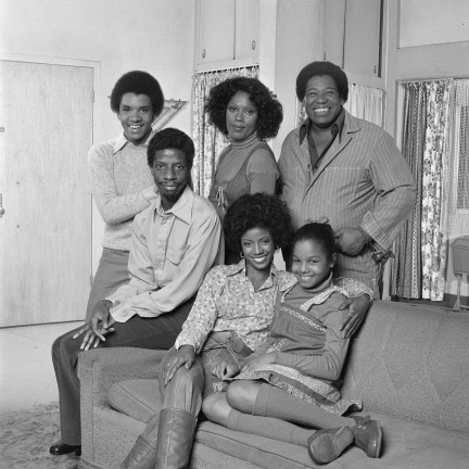 Portrait of the cast of the television show 'Good Times,' Los Angeles, California, September 29, 1977. Pictured are, front row, American actors Jimmie Walker, BernNadette Stanis, and Janet Jackson; back row, Ralph Carter, Ja'net DuBois, and Johnny Brown. (Photo by CBS Photo Archive/Getty Images)